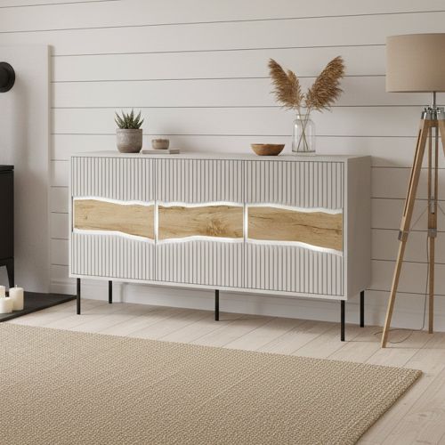 Credenza Saliceto, 144x40 h80 cm, Beige e Rovere Nodi