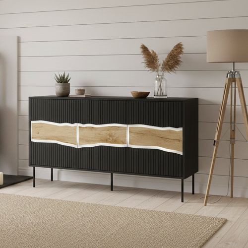 Credenza Saliceto, 144x40 h80 cm, Nero e Rovere Nodi
