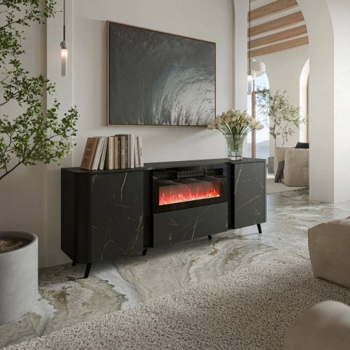 Credenza Santarem, Madia da salotto con due ante battenti, anta a ribalta- e camino elettrico, Rialzata da terra, 191x40 h69 cm, Marmo e Nero