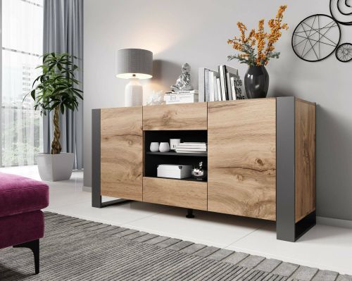 Credenza Silves, Madia da salotto con due ante battenti, due cassetti e vani interni, Rialzata da terra, 164x44 h80 cm, Rovere Nodi e Antracite