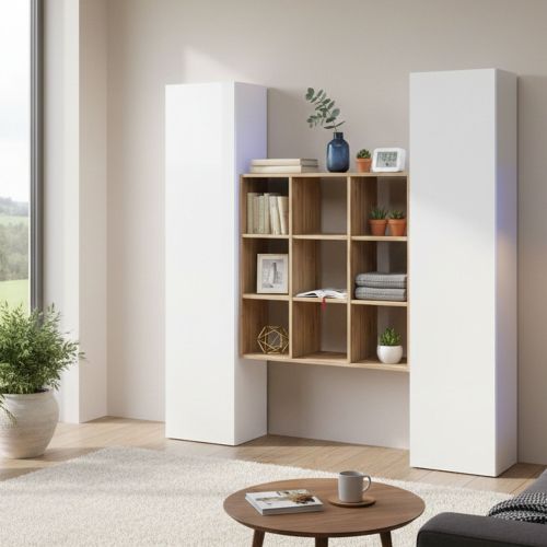 Credenza slim bianco lucida e acero 40x30x180h cm 2 ante - Acerenza