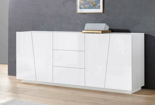 Credenza Sven, Madia da cucina a 4 ante e 3 cassetti, Buffet da soggiorno, 100% Made in Italy, cm 220x43h86, Bianco lucido