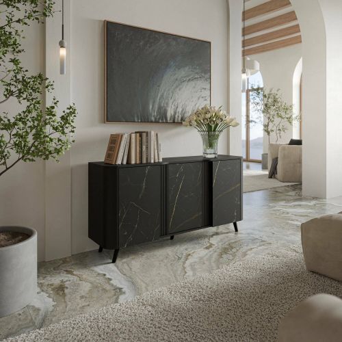 Credenza Tarouca, Madia da salotto con tre ante battenti e vani interni, Rialzata da terra, 151x42 h70 cm, Marmo e Nero