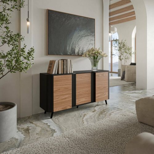 Credenza Tarouca, Madia da salotto con tre ante battenti e vani interni, Rialzata da terra, 151x42 h70 cm, Nero e Noce