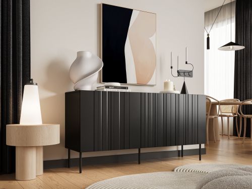 Credenza Torres, Madia da salotto con tre ante battenti e vani interni, Rialzata da terra, 151x42 h75 cm, Nero