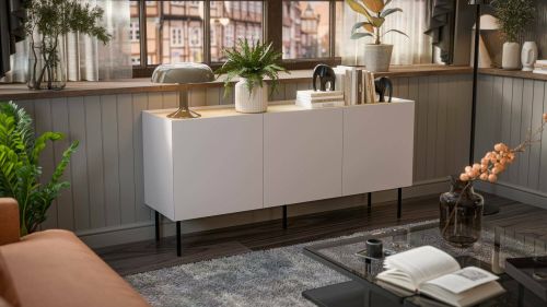 Credenza Valongo, Madia da salotto con tre ante battenti e vani interni, Rialzata da terra, 150x40 h70 cm, Beige e Rovere