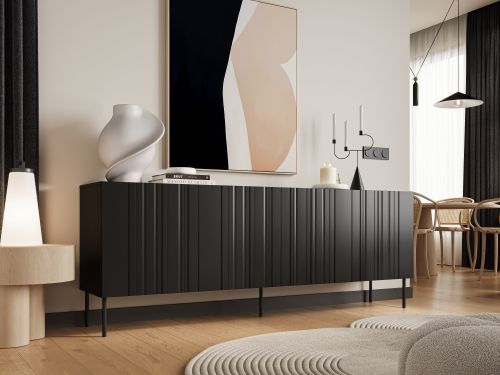 Credenza Vedras, Madia da salotto con quattro ante battenti e vani interni, Rialzata da terra, 201x42 h75 cm, Nero
