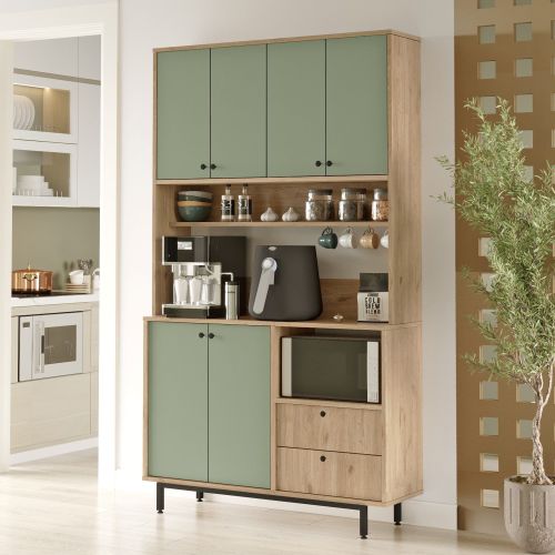 Credenza Verde Marrone Rovere 2 Cassetti 4 Ripiani 120x36x205h cm, Apertura Battente, Scorrevole - Pianella