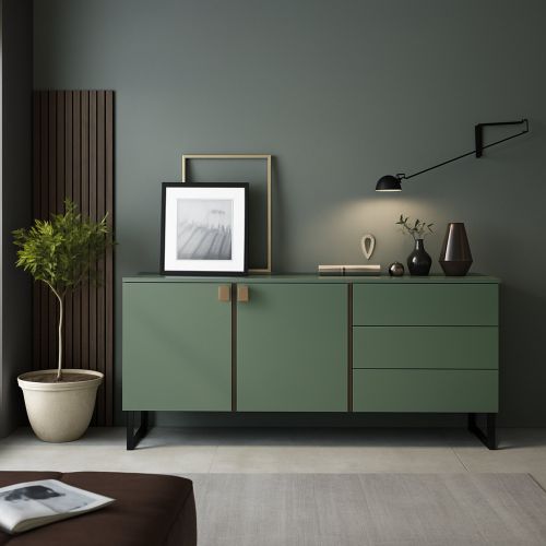 Credenza Verde Marrone Rovere 3 Cassetti 2 Ripiani 184x40x86h cm, Apertura Battente - Camere