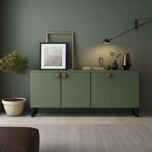 Credenza Verde Marrone Rovere 3 Ripiani 6 Vani 184x40x86h cm, 3 Ante - Carvico