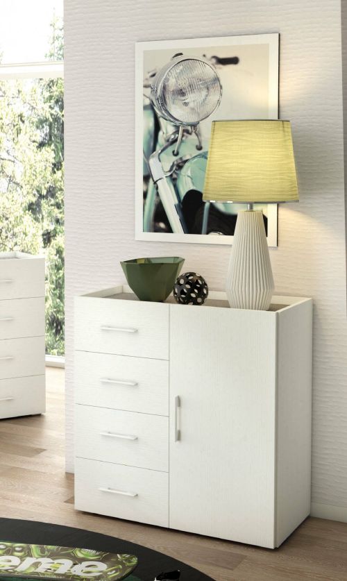 Credenza Violetta, Mobile buffet a 1 anta e 4 cassetti, Madia da soggiorno, Armadietto multiuso con ripiani, 100% Made in Italy, 90x41h87 cm, Bianco