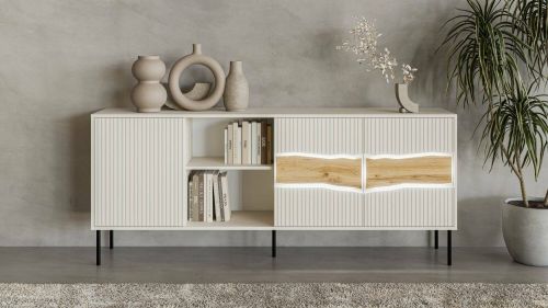 Credenza Viseu, Madia da salotto con tre ante battenti e due vani aperti, Rialzata da terra, 190x40 h80 cm, Beige e Rovere Nodi