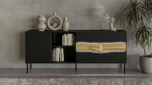 Credenza Viseu, Madia da salotto con tre ante battenti e due vani aperti, Rialzata da terra, 190x40 h80 cm, Nero e Rovere Nodi