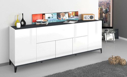 Credenza Vittorio, Madia da cucina a 6 ante, Buffet da soggiorno, 100% Made in Italy, cm 200x40h82, Bianco lucido e Ardesia