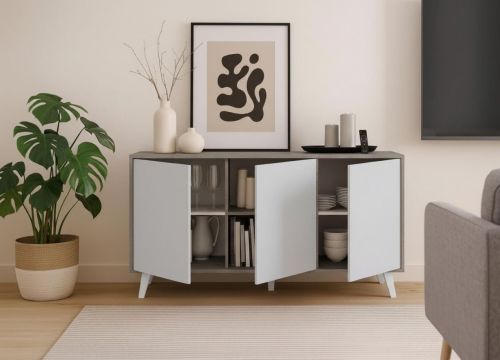 Credenza Weddell, Buffet da soggiorno, Madia da salotto, Dispensa da cucina, 154x40h72 cm, Grigio chiaro e Bianco