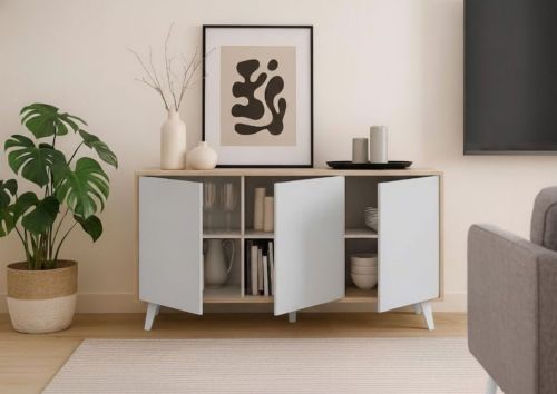 Credenza Weddell, Buffet da soggiorno, Madia da salotto, Dispensa da cucina, 154x40h72 cm, Rovere e Bianco