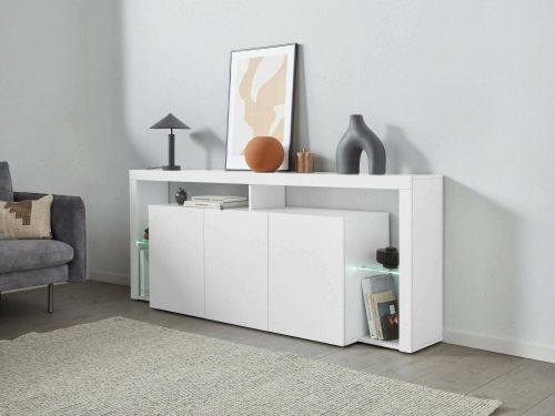 Credenza Willer, Buffet da soggiorno a 3 ante, Madia da salotto, Credenza moderna, Bianco lucido