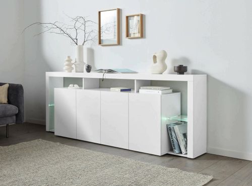 Credenza Wilmer, Buffet da soggiorno a 4 ante, Madia da salotto, Credenza moderna, 220x40h80 cm, Bianco lucido