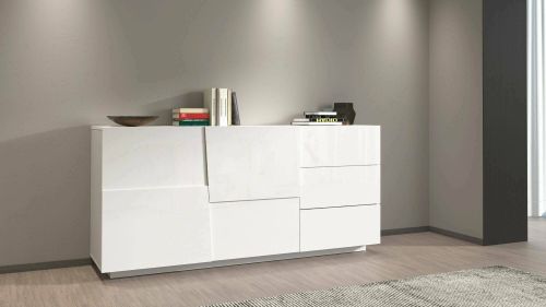Credenza Xavier, Buffet da soggiorno, Madia da salotto con 2 ante e 3 cassetti, 180x44h86 cm, Bianco lucido