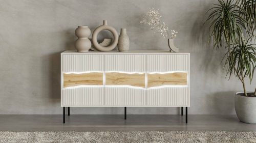 Credenza Xira, Madia da salotto con tre ante battenti e vani interni, Rialzata da terra, 144x40 h80 cm, Beige e Rovere Nodi