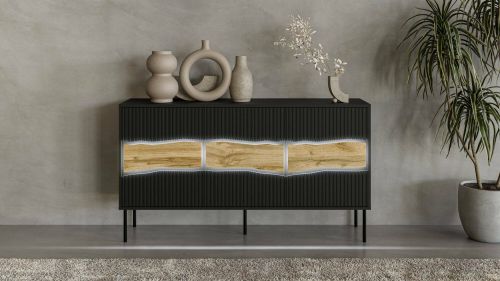 Credenza Xira, Madia da salotto con tre ante battenti e vani interni, Rialzata da terra, 144x40 h80 cm, Nero e Rovere Nodi