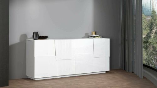 Credenza Yago, Buffet da soggiorno, Madia da salotto moderna con 4 ante, 200x44h86 cm, Bianco lucido