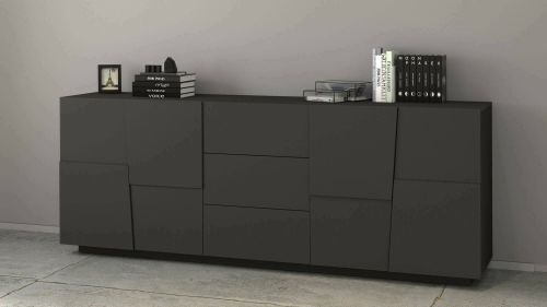 Credenza Yoel, Buffet da soggiorno, Madia da salotto con 4 ante e 3 cassetti, 220x44h86 cm, Antracite