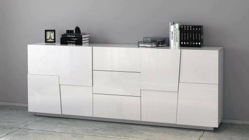 Credenza Yoel, Buffet da soggiorno, Madia da salotto con 4 ante e 3 cassetti, 220x44h86 cm, Bianco lucido
