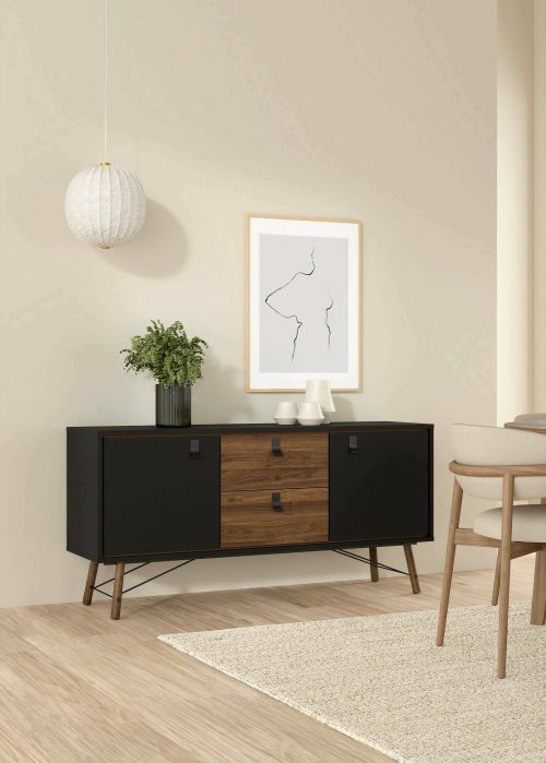 Credenza Yseult, Buffet da soggiorno, Madia da salotto, Dispensa da cucina, 40x150 h72 cm, Nero e Noce