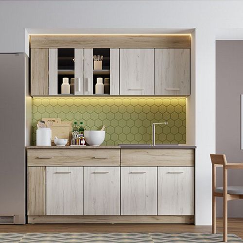 Cucina Beige Marrone Rovere Con cassetto, Elettrodomestici non inclusi, 8 Ante - Interamna