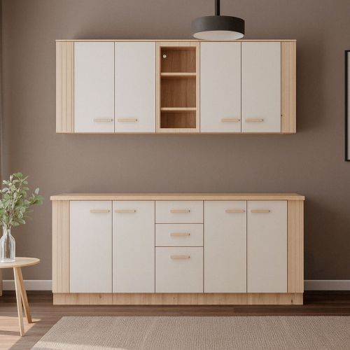Cucina Beige Marrone Rovere Nodi Con cassetti, Elettrodomestici non inclusi, 9 Ante - Ghemme