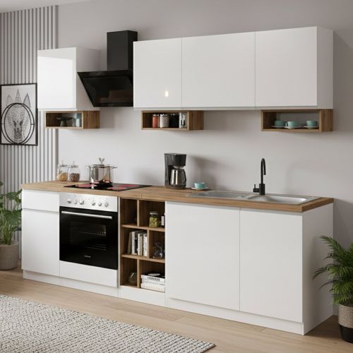 Cucina Bianco Lucido Marrone Rovere Con cassetti, Elettrodomestici non inclusi, Modulabile Made in Italy - Attimis