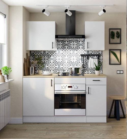 Cucina Bianco Marrone Rovere un Cassetto 4 Ripiani, Apertura Battente, Scorrevole - Thymira