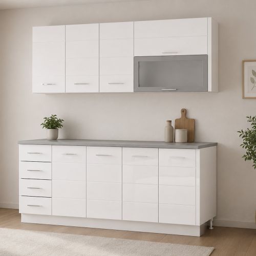 Cucina Bianco Opaco Bianco Lucido Con cassetti, Elettrodomestici non inclusi, Modulabile, Apertura Battente, Scorrevole - Riquew