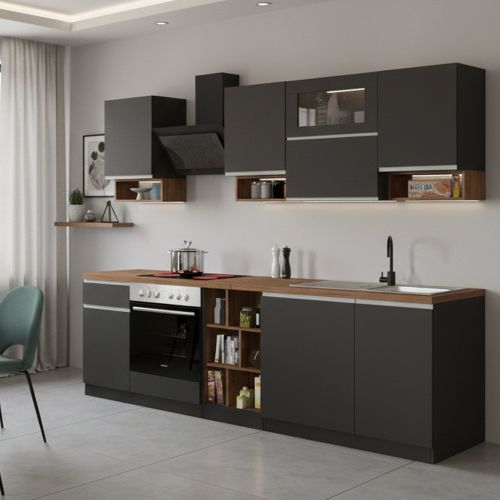 Cucina Grigio Ardesia Marrone Rovere Con cassetti, Elettrodomestici non inclusi, 7 Ante Made in Italy - Attimis
