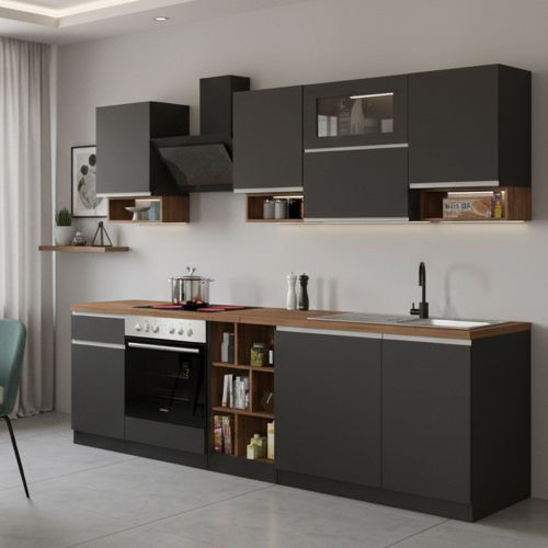 Cucina Grigio Ardesia Marrone Rovere Con cassetti, Elettrodomestici non inclusi, Modulabile Made in Italy - Attiko
