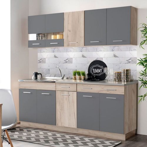 Cucina Nero Antracite Marrone Rovere Con cassetti, Elettrodomestici non inclusi, 10 Ante - Bornago