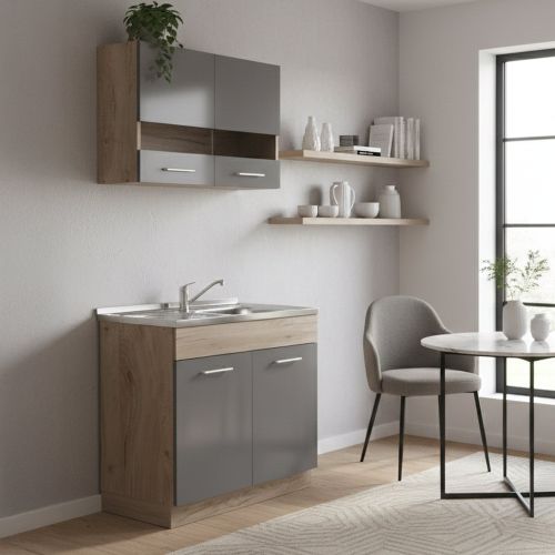 Cucina Nero Antracite Marrone Rovere Con cassetti, Elettrodomestici non inclusi, 3 Vani - Taurano
