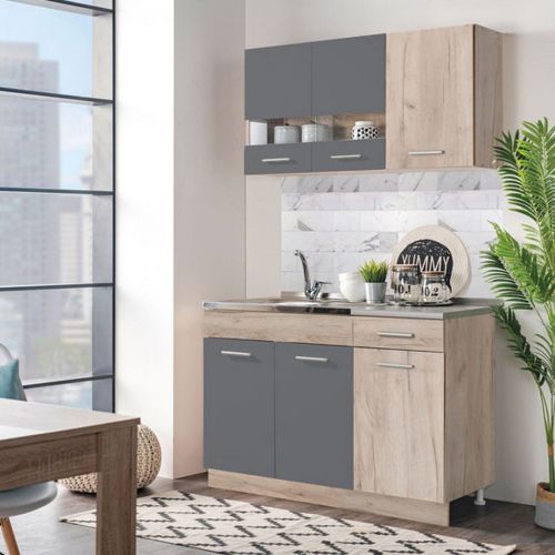 Cucina Nero Antracite Marrone Rovere Con cassetto, Elettrodomestici non inclusi, 6 Ante - Lanzo