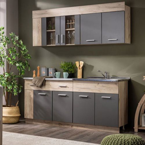Cucina Nero Antracite Marrone Rovere Con cassetto, Elettrodomestici non inclusi, 8 Ante - Interamna
