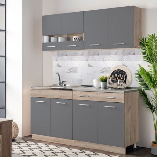 Cucina Nero Antracite Marrone Rovere Con cassetto, Elettrodomestici non inclusi, 8 Ante - Solarolo