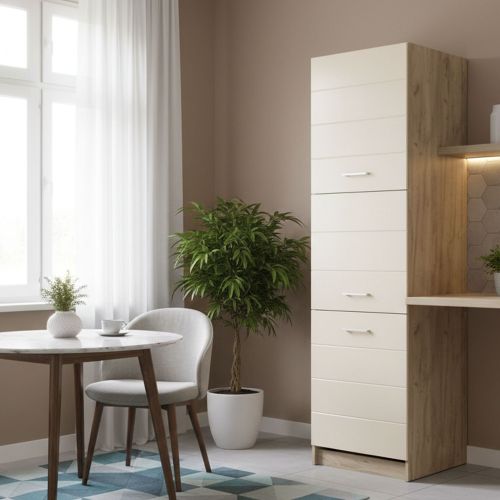 Dispensa da Cucina Beige Marrone Rovere Nodi 5 Ripiani 3 Ante 60x57.5x214.5h cm, 6 Vani - Volvera