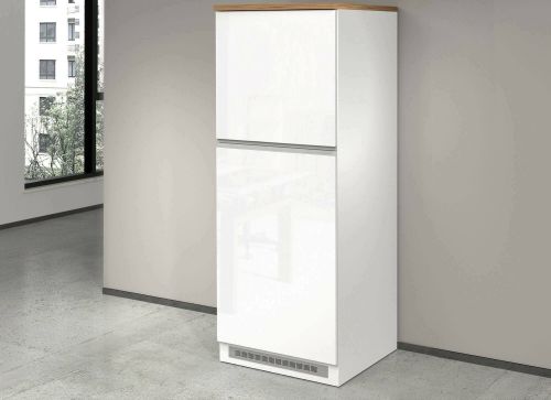 Dispensa da cucina Plinio, Mobile multiuso, Armadio porta frigo a 2 ante, 100% Made in Italy, 60x60h165 cm, Bianco lucido e Rovere
