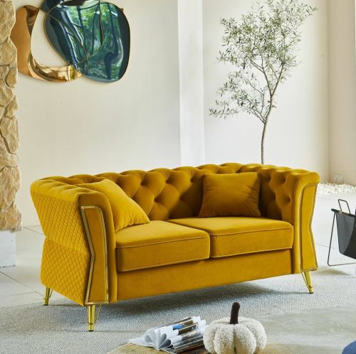 Divano fisso 2 posti Acre, Sofà dritto, Divanetto per salotto, Poltrona matrimoniale, 162x83 h76 cm, Ocra e Oro