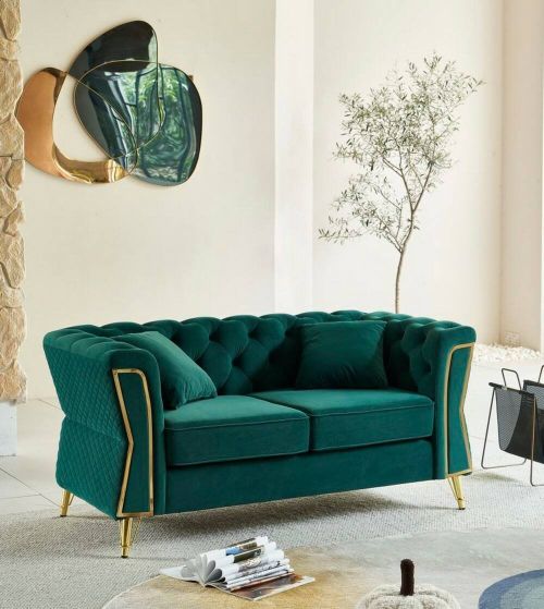 Divano fisso 2 posti Acre, Sofà dritto, Divanetto per salotto, Poltrona matrimoniale, 162x83 h76 cm, Verde e Oro