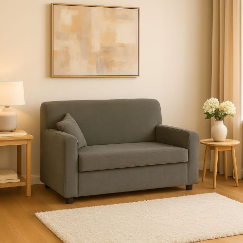 Divano fisso 2 posti Baeza, Divano in tessuto, Sofà lineare salvaspazio, Divano per piccoli appartamenti, 125x73h85 cm, Grigio