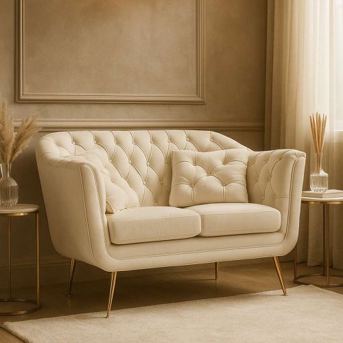 Divano Fisso 2 Posti Bianco Crema oro Effetto Velluto Trapuntato Cuscini Inclusi 130x83x91h cm, Braccioli - Diskit