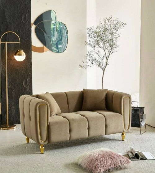 Divano fisso 2 posti Japura, Sofà dritto, Divanetto per salotto, Poltrona matrimoniale, 81x155 h71 cm, Grigio e Oro