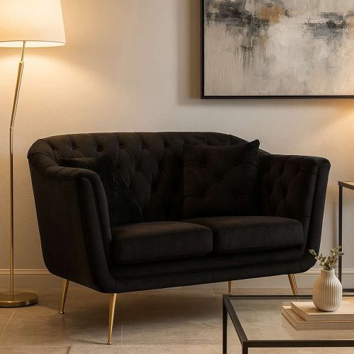 Divano Fisso 2 Posti Nero oro Effetto Velluto Trapuntato Braccioli 130x83x91h cm, Cuscini Inclusi - Diskit