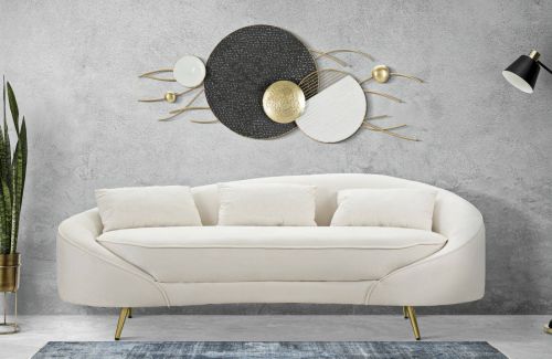 Divano fisso 3 posti Pace, Sofà dritto, Divanetto per salotto, Poltrona matrimoniale con contenitore, 185x84 h68 cm, Crema e Oro